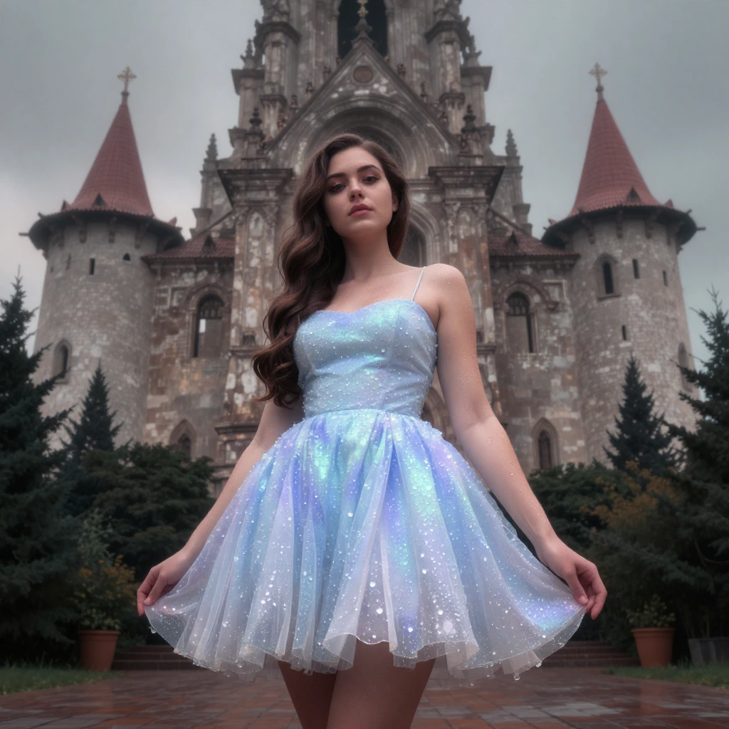 Woman in Dew drop mini dress in dew drop castle