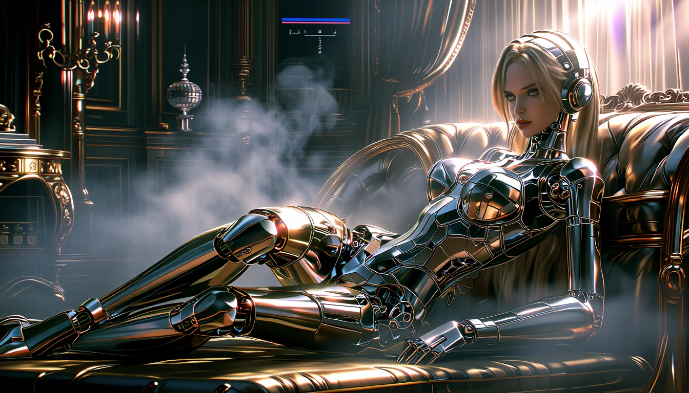 Lover or fighter? Metallic skin, female android, seductress model, luxury apartment, lying in wait for her prey, perfect inhuman, robotic joints.