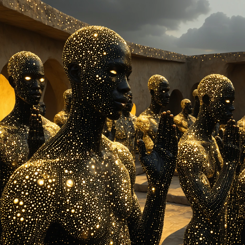 Surrealism photo, evil Namibian covered roof terrace, perfect people praying with skin made of Murrine glass, intricate beige and gold and white, polka-dotted, very detailed. a00-a01