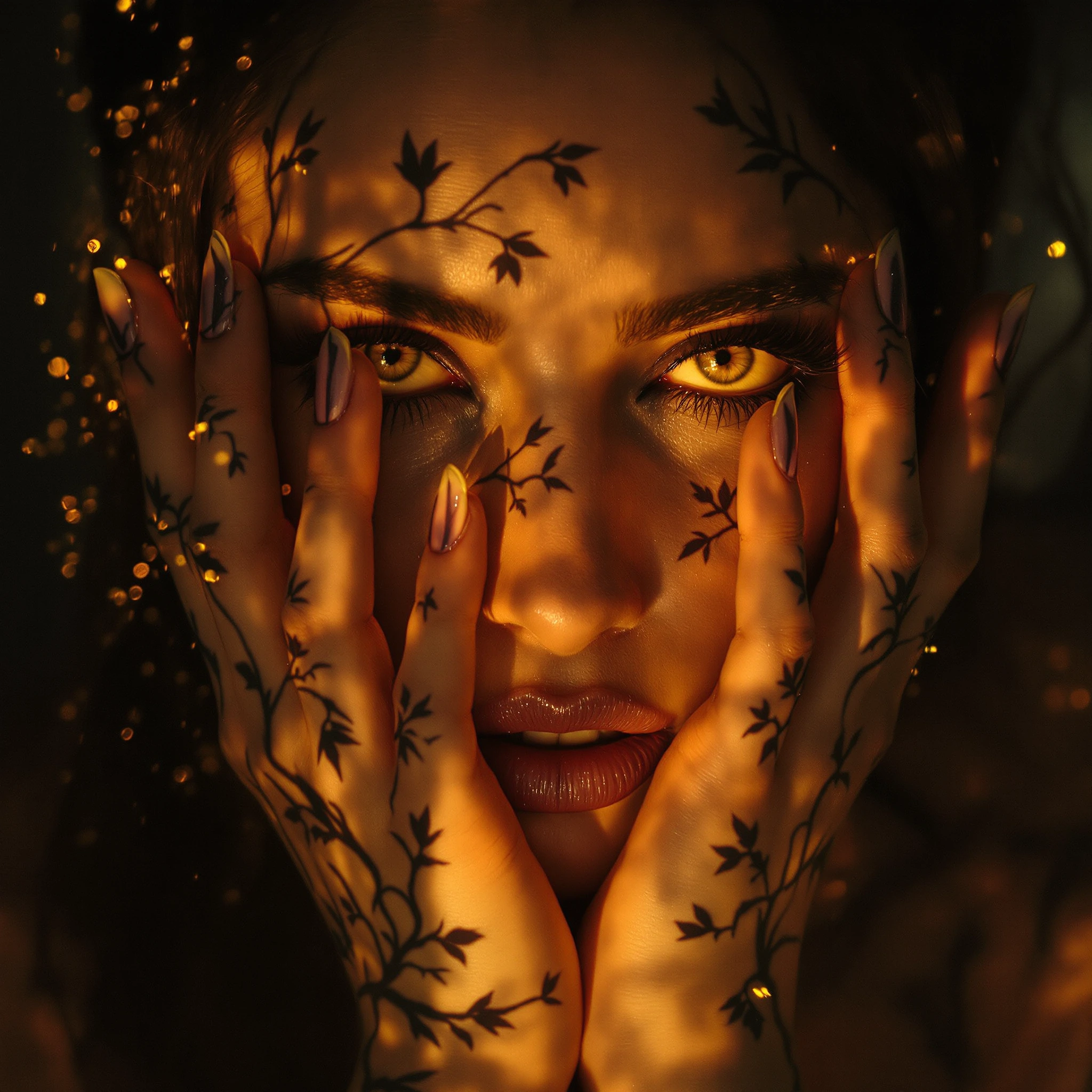 Medium shot, golden hour lighting, a pale-skinned model with vine tattoos gazes seductively through smoky eyes, hands framing her face in a V-shape, shallow depth of field capturing glittering dust cascading.