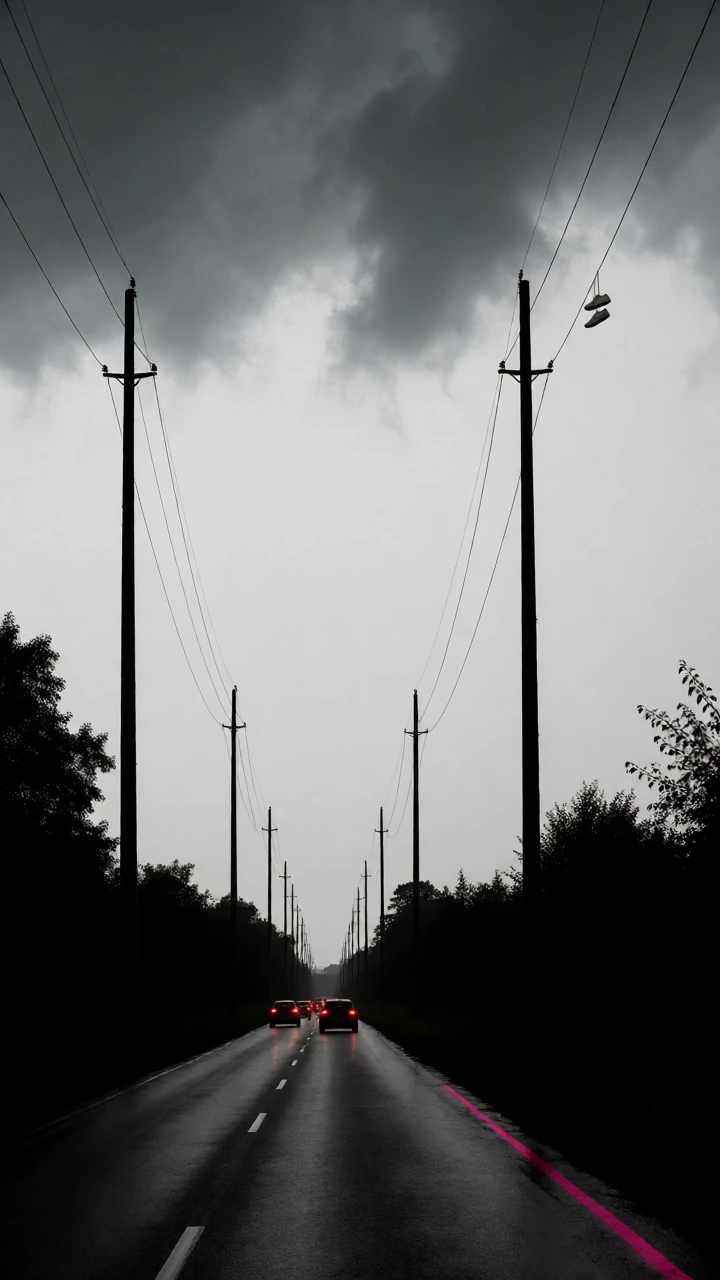 A vertical portrait composition of a long suburban road under a pale gray storm sky, darker charcoal cloud scraps layered inside the overcast ceiling. Red brake lights glow ahead in a line of cars, faintly reflected on damp asphalt. Replace all green