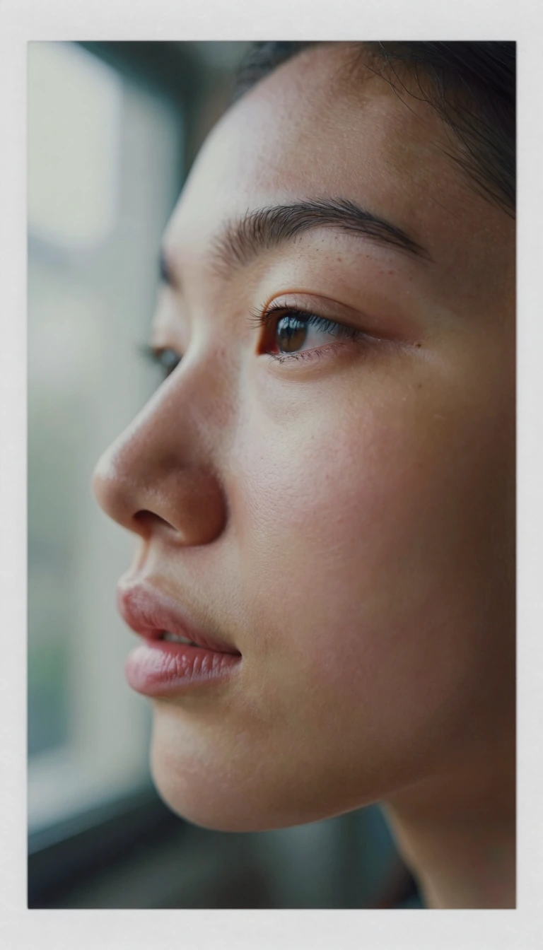 A raw, unedited, hyper-realistic candid portrait photograph of a real person, a 28-year-old woman. This is a tight close-up shot focusing specifically on the delicate texture of her skin on her cheek, nose bridge, and around her eyes. The depth of fi