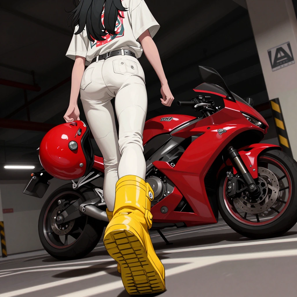Hyper-detailed anime style, cinematic perspective, gritty and dramatic lighting, bold contrast with saturated colors. A low-angle tilted cinematic street-style shot of a parking lot, looking up at an anime girl holding a red motorcycle helmet in one 