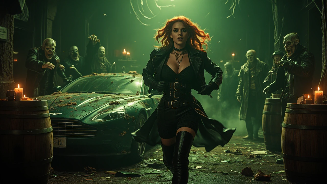 A woman with red hair, wearing a black leather outfit with buckles and belts, escapes from a super villain's lair in a stolen Aston Martin Vanquish, r