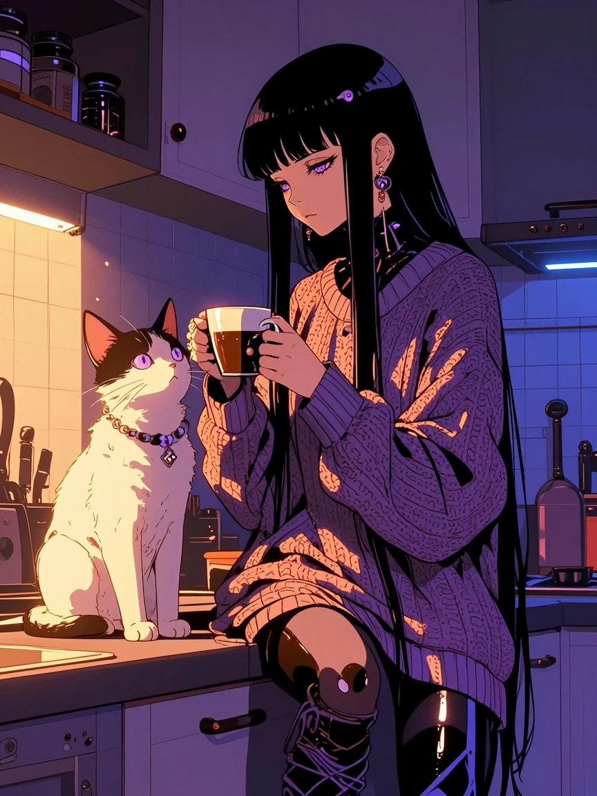 beautiful, cyberpunk, goth woman with her cat in the kitchen, getting coffee. Oversized sweater and leggings, long black hair with bangs, futuristic, and vintage vibe. Lavender eyes for both the cat and the woman.