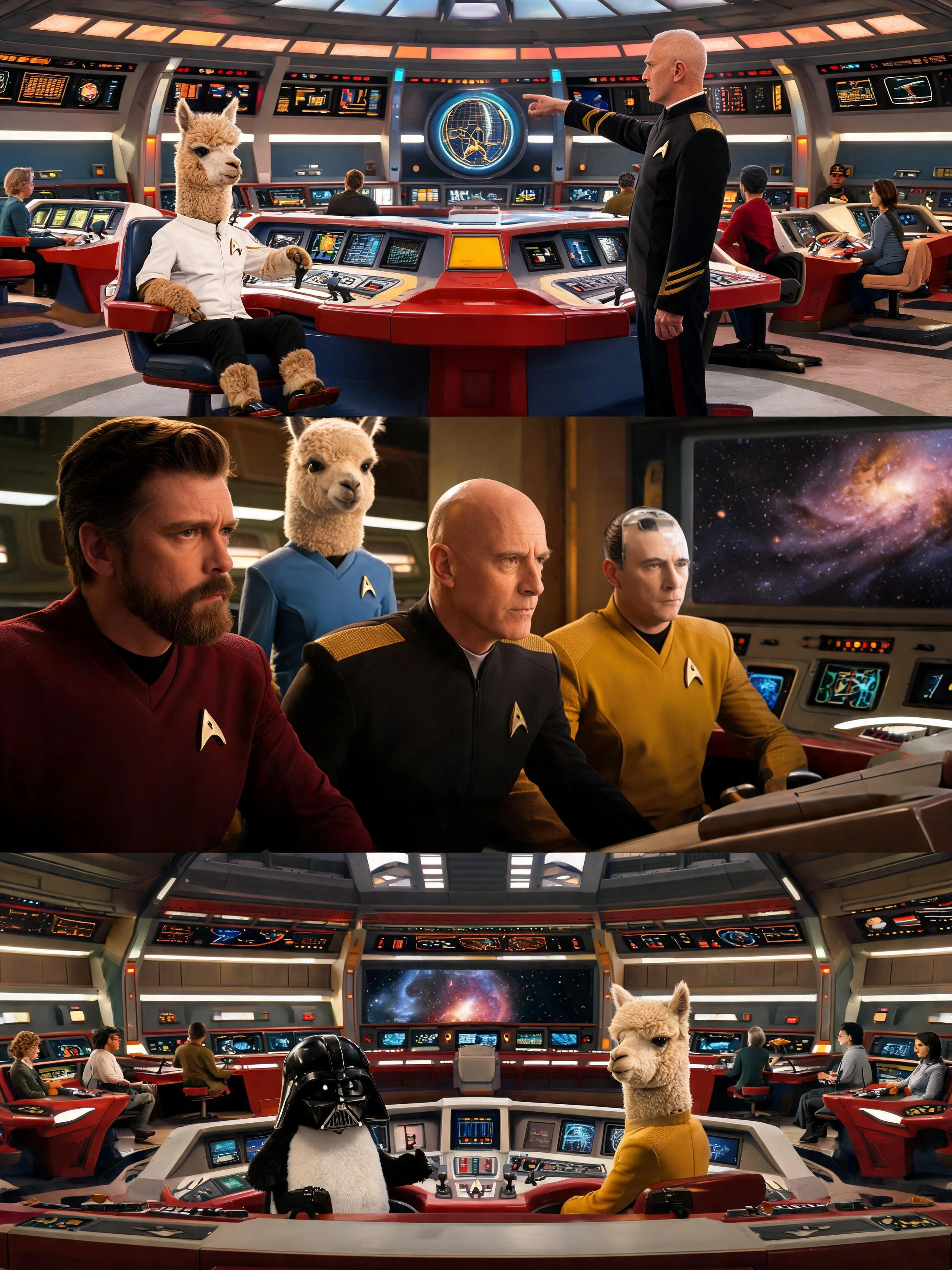 A three-panel cinematic photorealistic image presenting three distinct interpretations of the U.S.S. Enterprise bridge with a llama. The left panel shows the vibrant, retro-futuristic bridge (think classic TV era) from a wide angle, with a llama, wea