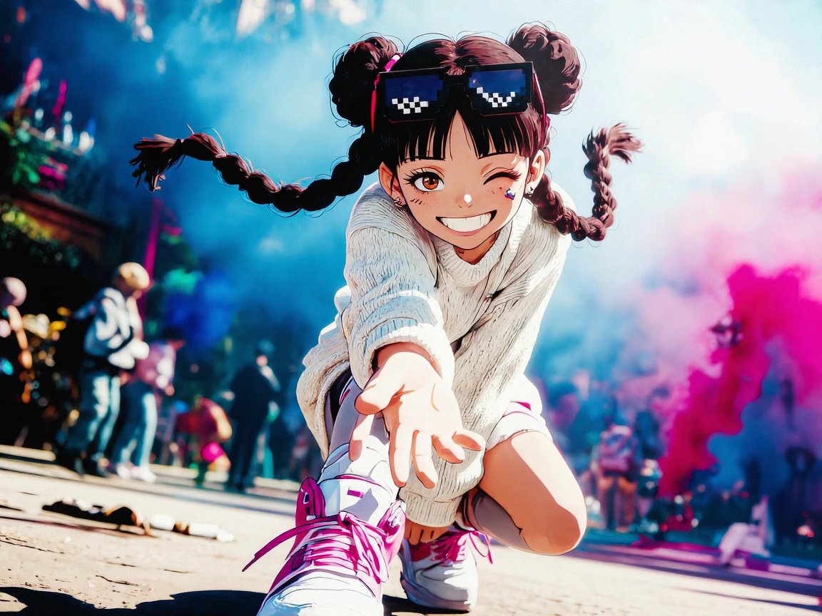 anime, high_budget_anime_movie_style, key_visual, ultra_detailed_background, 4k, 8k, cinematic_lighting, perfect anatomy of character, create a beautiful image about a cute woman with twin bun and twin long braided hair from her bun and she has a bla