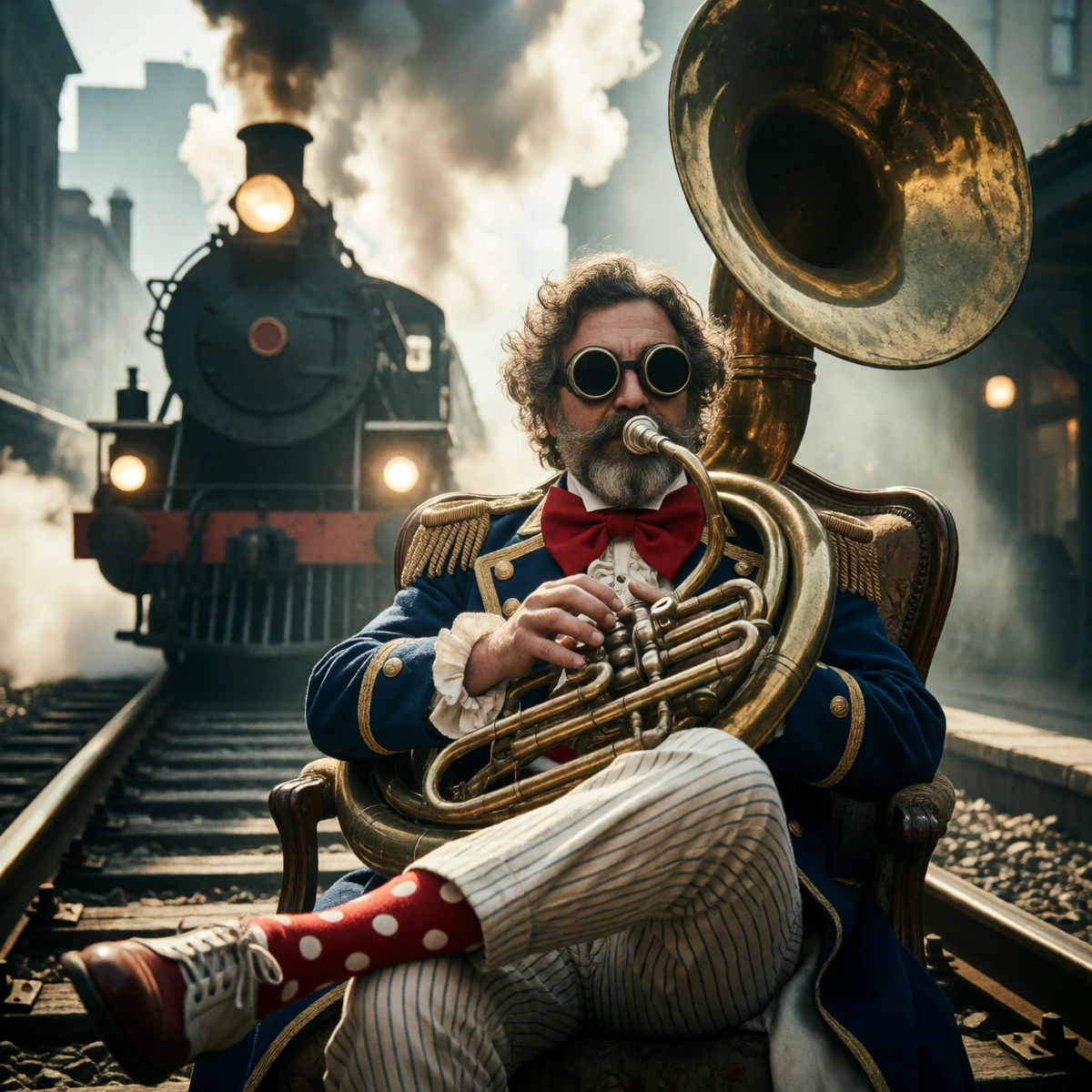 A cinematic medium shot, a surreal and absurd scene. An eccentric and whimsical musician, sporting a moustache and a salt-and-pepper beard, wears round welder’s goggles perched on his forehead, a vintage blue military-style coat adorned with gold epa