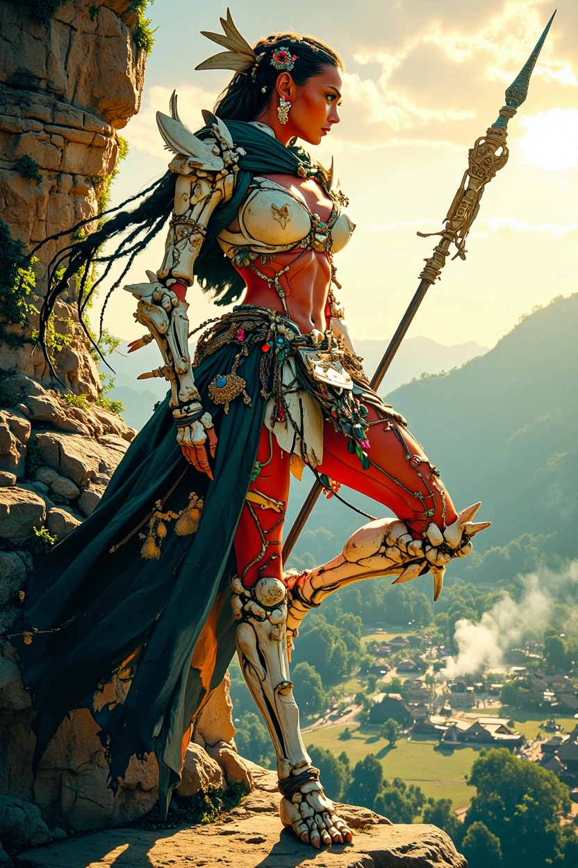 Powerful exotic female mutant warrior. Attractive commanding presence, athletic curvaceous build narrow waist large bust toned thighs high round glute