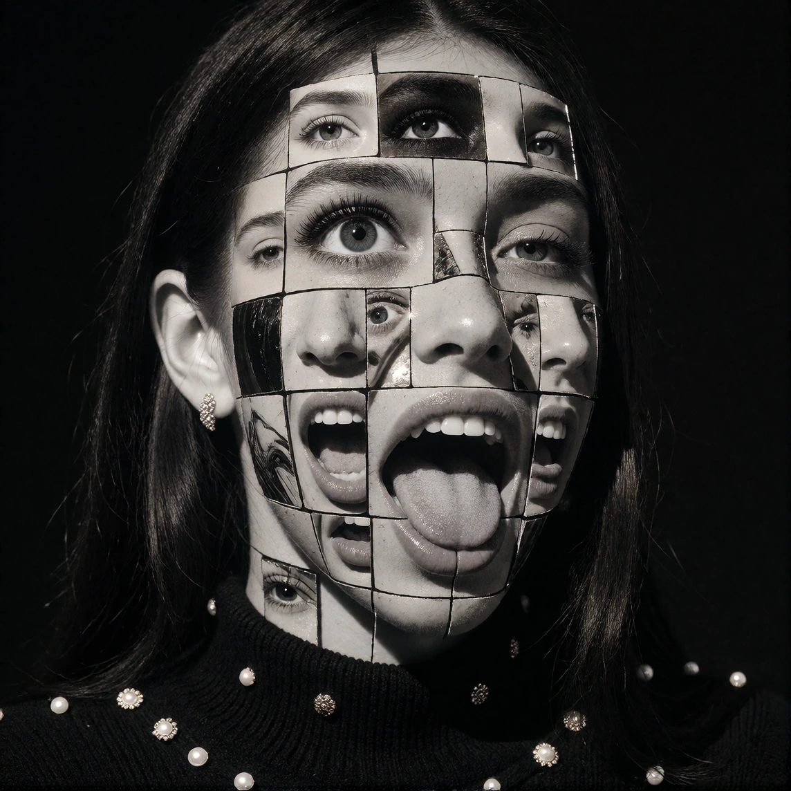 A surreal black-and-white photomontage portrait of a woman's face deconstructed into a fragmented grid of mismatched close-up photographic tiles, each rectangular segment showing a different cropped feature—eyes, nose, mouth, tongue, cheek—captured a