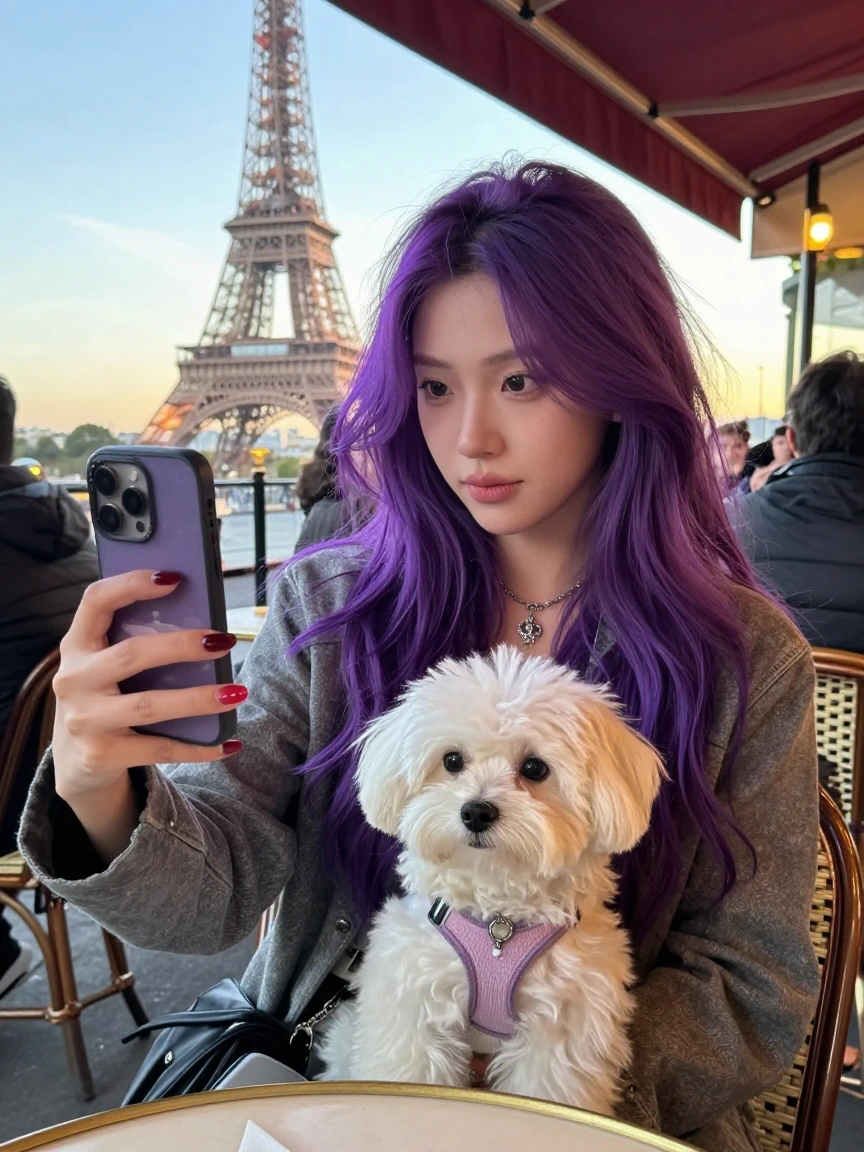 Crazy girlfriend, taking a selfie with her Maltese at an outdoor café in Paris at sunrise. Very colorful. Purple hair