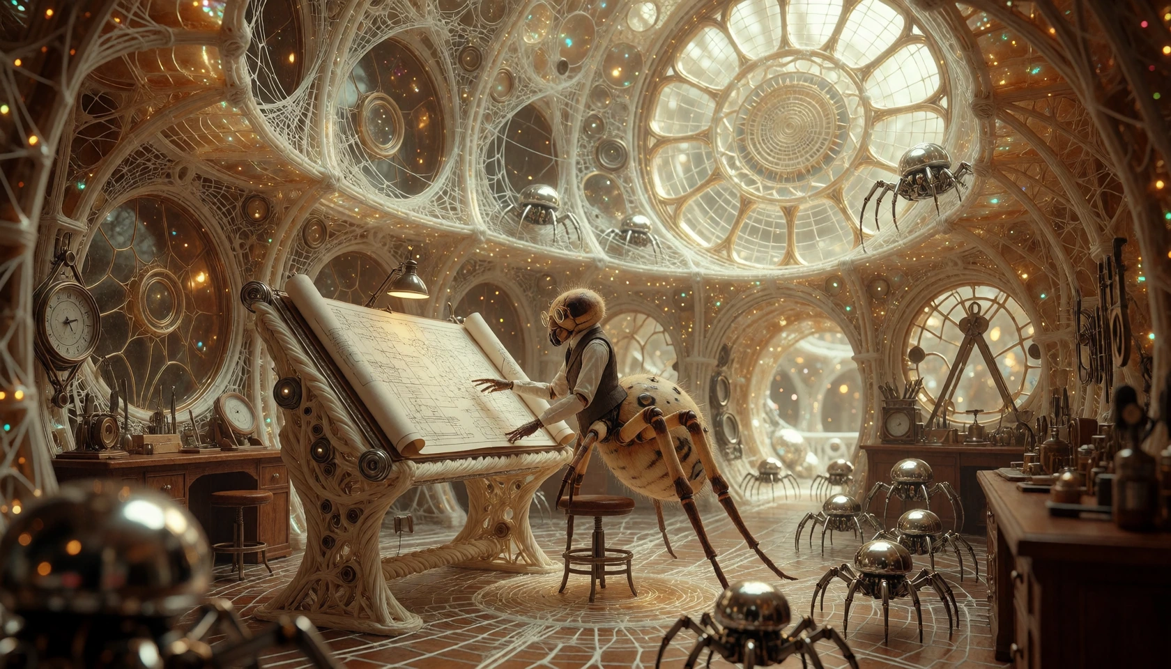 Capture a grand spider architect standing at the center of an elaborate office constructed entirely from intricately woven spiderwebs, silken threads 