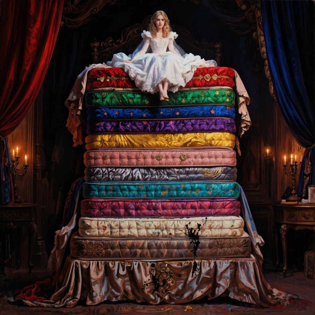 A whimsical soft digital painting, Masterpiece, high quality, Oil Painting Hyper-realistic, A regal young teen princess sits gracefully on top of an impossibly tall bed, composed of ten stacked mattresses, each a different vibrant color â crimson, 