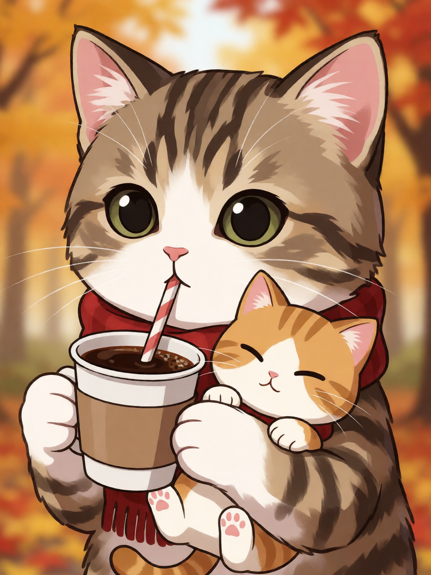 Anime illustration of a cute kitten, drinking a cup of coffee and hugging a kitten toy. Fall background.