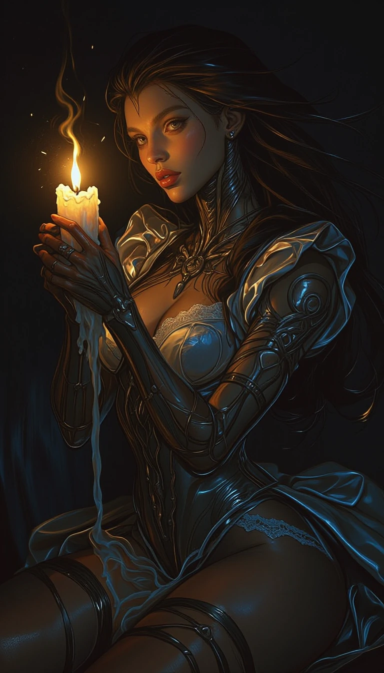 A full‑body, photoreal 3D model of an adult queen in a bold, dramatic, suggestive yet non‑explicit and glorious pose, holding a single candle. Anatomy and expression: lifelike face with micro‑expressions, natural skin pores, subtle asymmetry, and a c