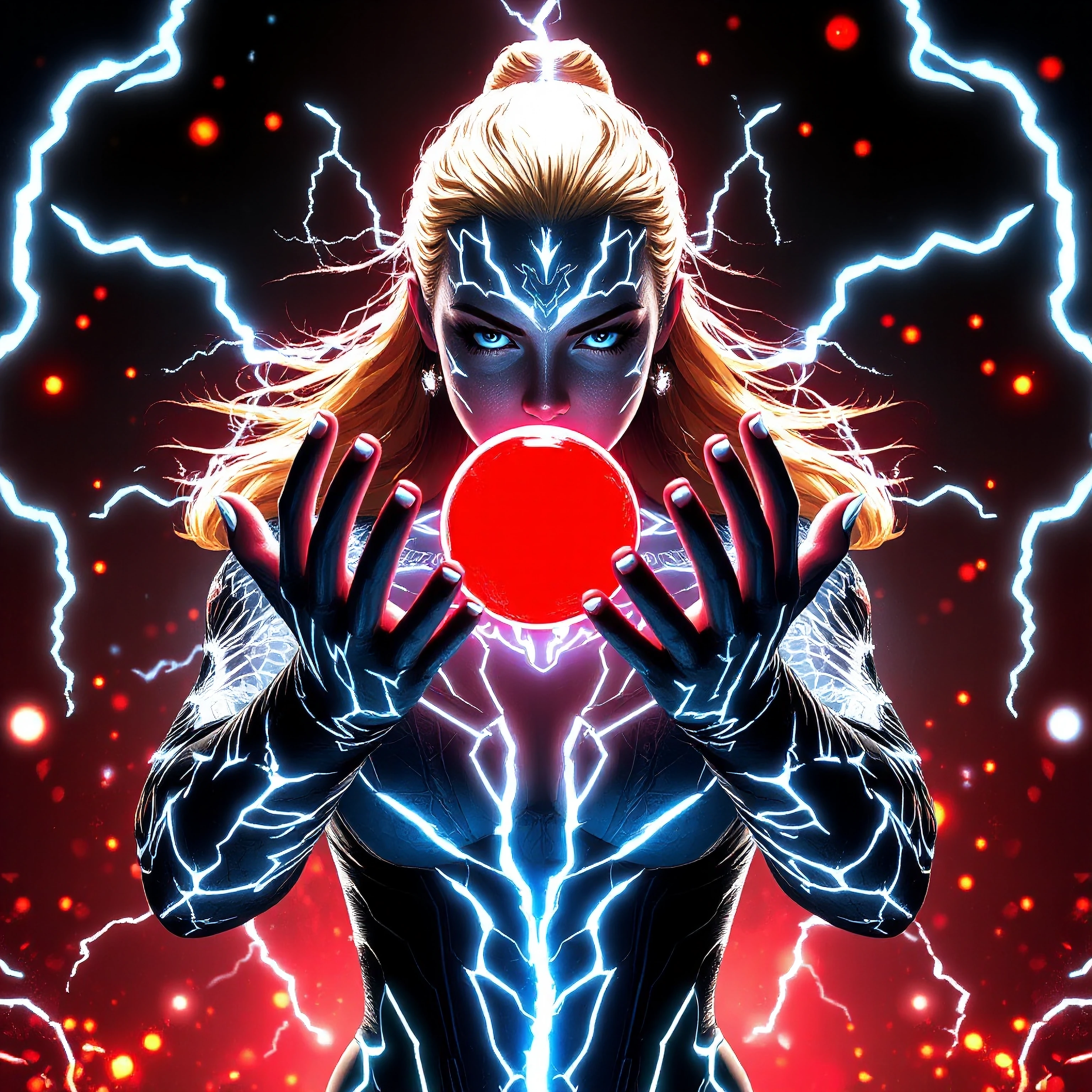 an electrifying woman, dressed like a superhero, holding her hands in front of her forming a bowl, in between her hands she holds a red glowing ball f