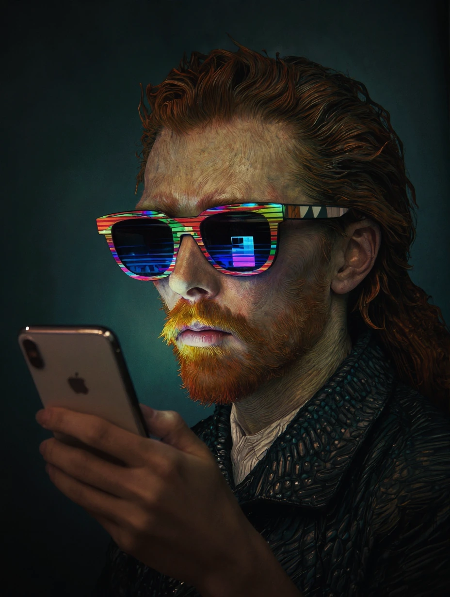 Cinematic hyper-real reinterpretation of a 19th century Dutch painter inspired by Vincent van Gogh’s self-portrait, sharp narrow nose, thin lips, stro