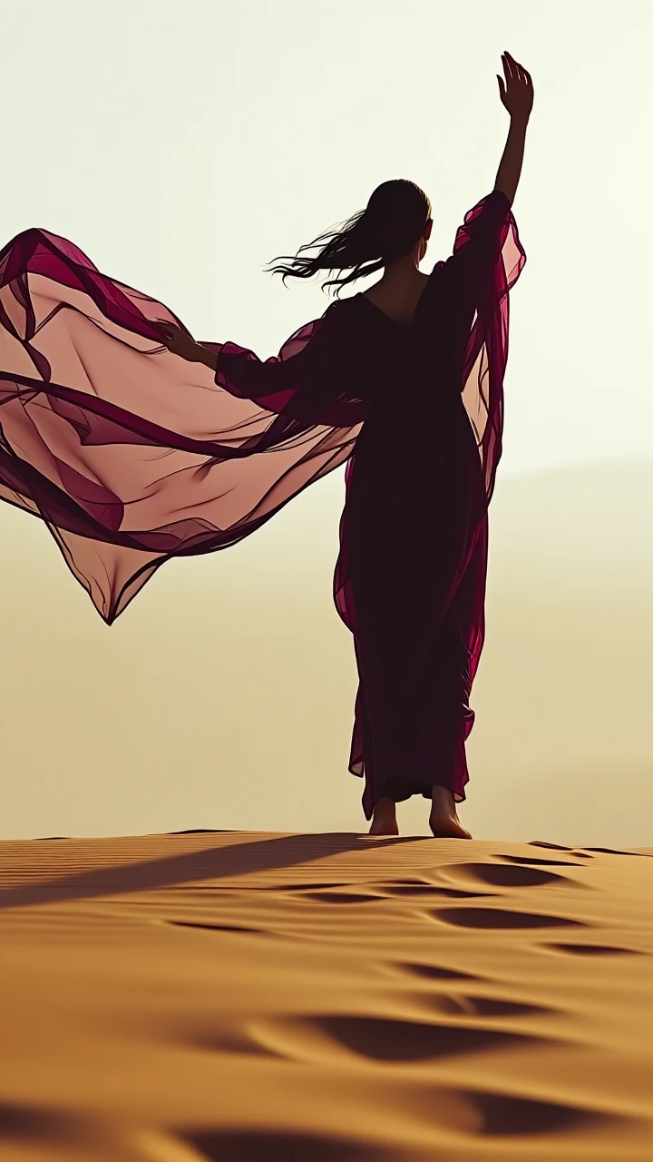 A cinematic 9:16 portrait of a woman midstride on a vast alien desert, facing away from the camera, her silhouette sharp against a hazy horizon. She wears a flowing, translucent deep magenta robe that catches the light. Her arm is raised, hand open, 