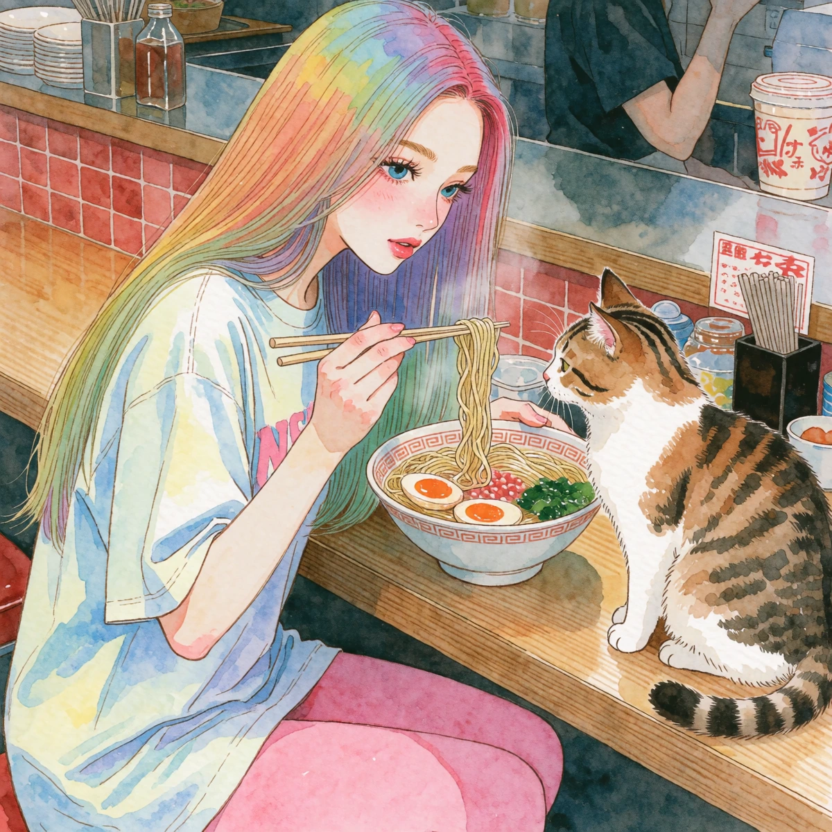 A beautiful woman with long straight ombre hair in springtime colors, at a ramen cafe with a cat, watercolor manga style, beautiful pose. Oversized t shirt and pink leggings. she's eating the ramen with chopsticks and feeding it to her cat.