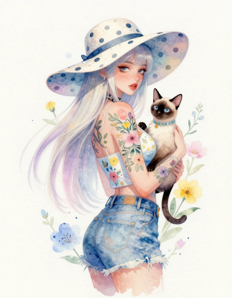 tattoo woman with Siamese cat, platinum pastel long straight hair, big Polkadot hat and outfit, water, soft cinematic rendering, pastel flowers blue, 