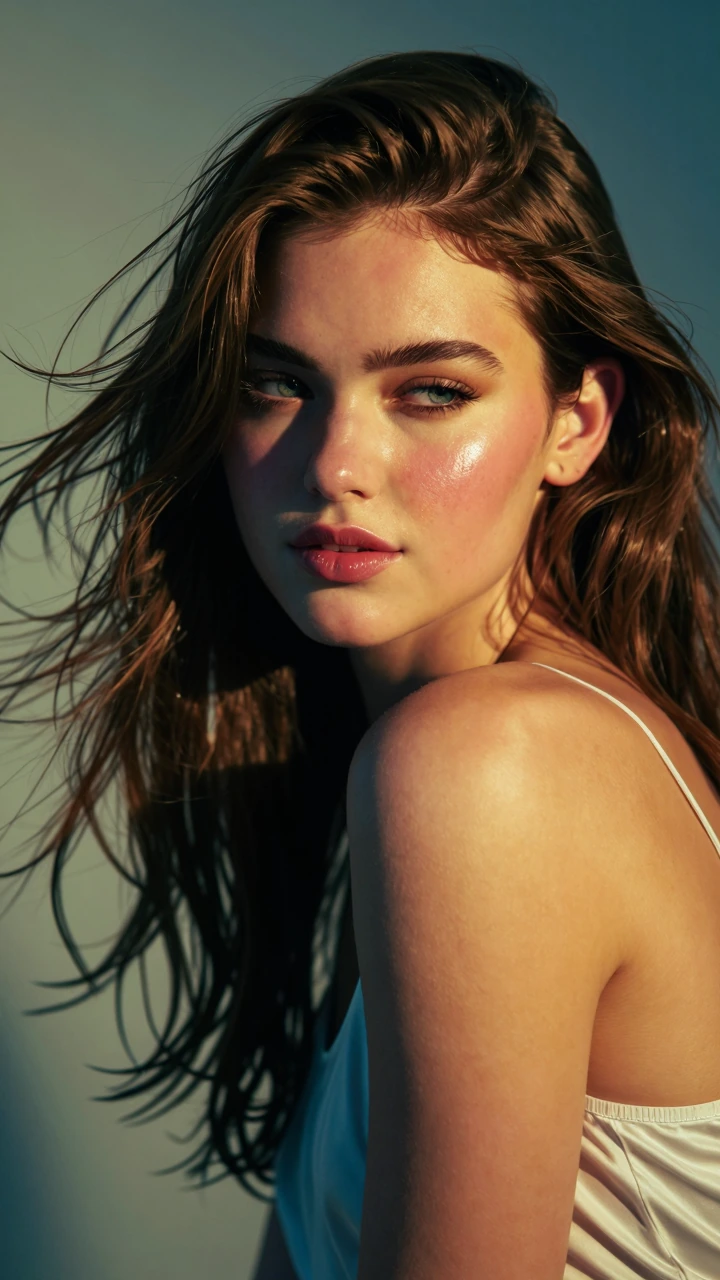 A woman in a regal three-quarter pose meets the camera with a direct gaze, caught mid-wink, her expression collapsing the distance between viewer and subject. Shot with a shallow depth of field that isolates her face in sharp focus—skin rendered with