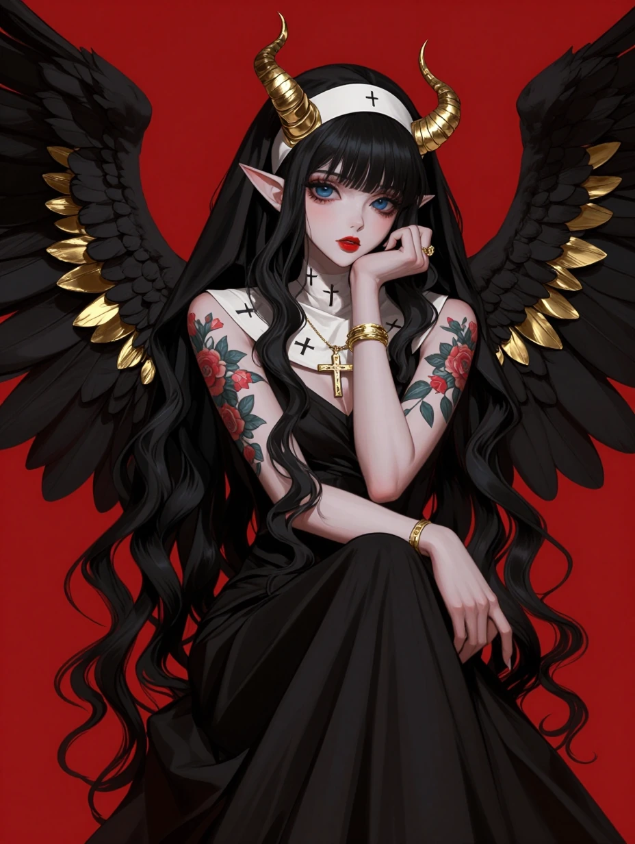 A highly detailed digital illustration in an anime style, depicting a pale-skinned woman with large blue eyes and vivid red lips. Her long, black wavy hair frames her face and reveals pointed ears, while two golden, curved horns emerge from her foreh
