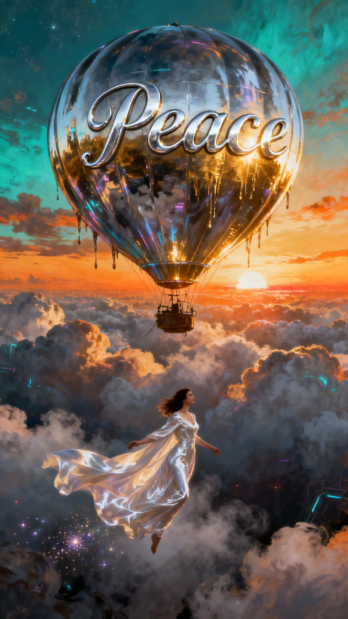 A surreal, cinematic wide shot of a giant, reflective chrome hot air balloon floating above a dense sea of clouds at sunset. The word 'Peace' is embossed on the balloon in elegant, 3D silver cursive lettering, catching the golden sunlight. Suspended