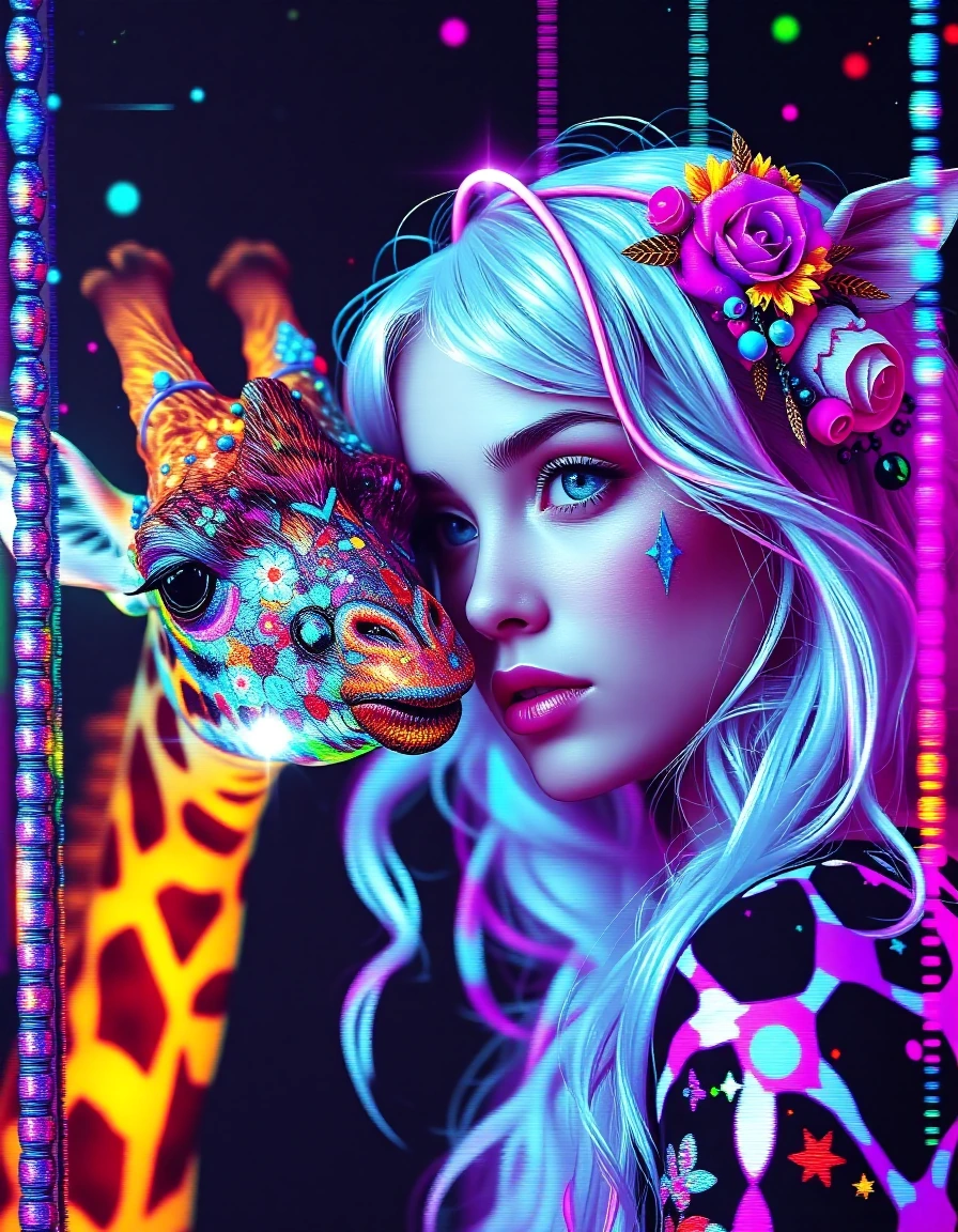 Beautiful model, platinum coffee ombre hair, looking at giraffe art floralpunk