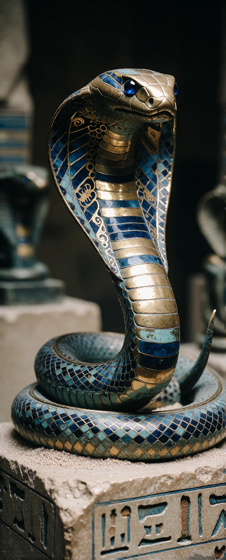 A highly detailed photograph of an ancient, patinated bronze sculpture of a coiled cobra, positioned on a weathered, sandstone base inscribed with wor