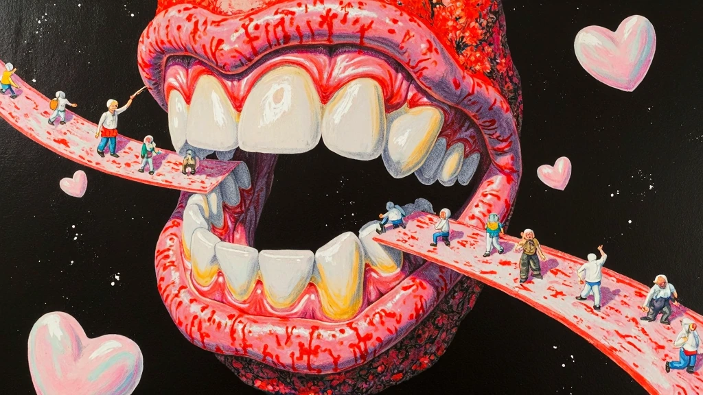 Sifflage-grattage aerographic apocalypse: breath-forced paint arteries grattage-scraped over impossible textures revealing shadowless floating cities of displaced colossal human teeth orbiting a blown-up void-heart, scales violated with tiny screamin