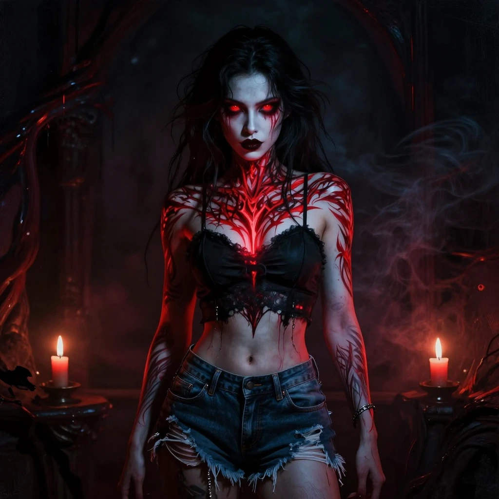 Striking portrait of a beautiful woman with piercing crimson eyes glowing ethereally, realistic photographic style with artistic digital enhancement, dark moody atmosphere, vibrant blood-red satanic tribal tattoos covering shoulders and arms with int