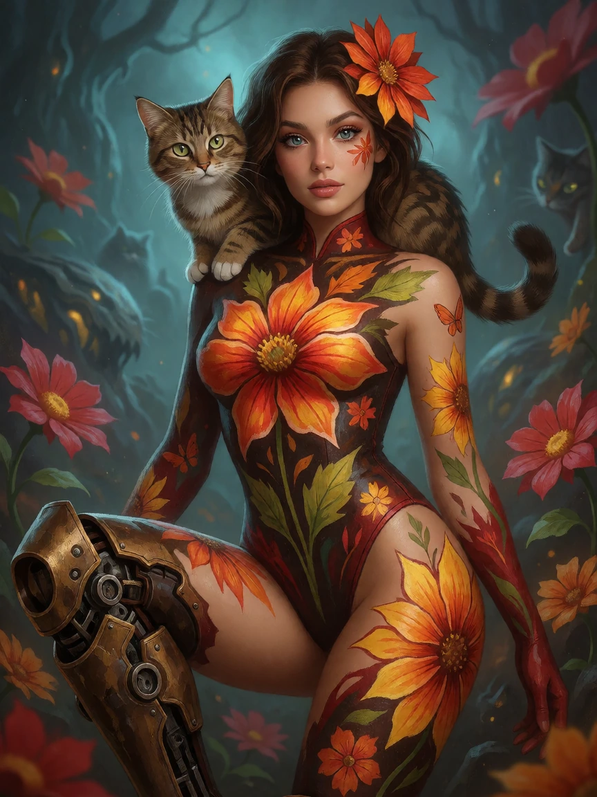 Beautiful woman and a fall flower designed painted steampunk bodysuit and mech boots, fall flower designed cat on shoulder, otherworldly background