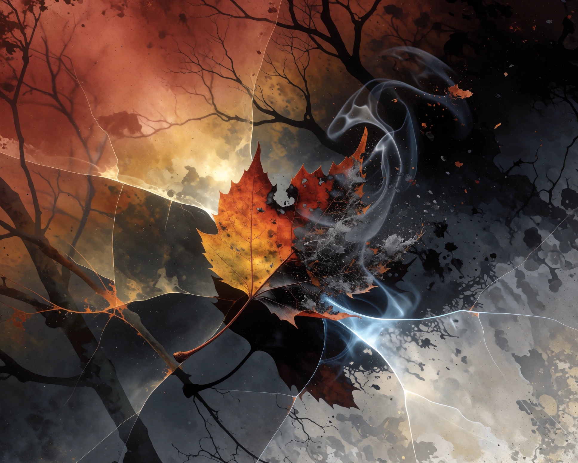 An abstract visual meditation on the threshold between autumn and grief not a literal landscape, but a suspended emotional space. A single leaf caught