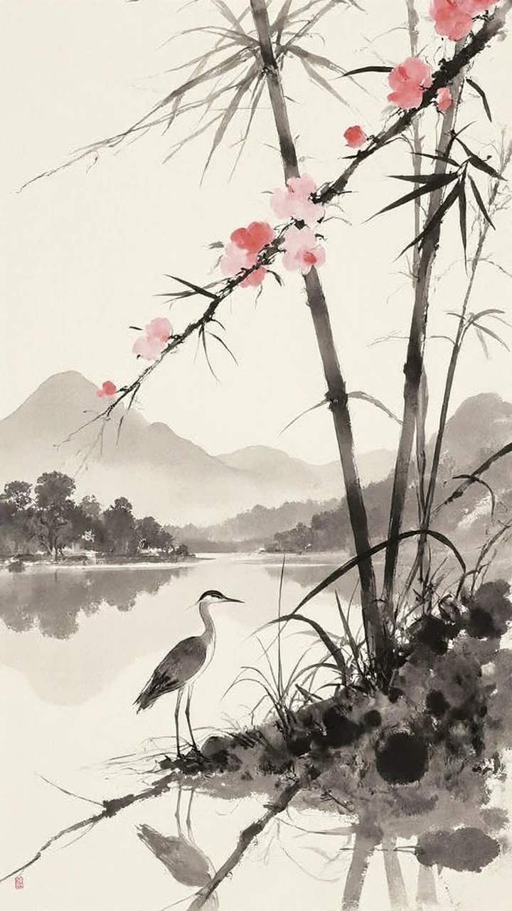 Traditional East Asian sumi-e ink wash painting on rice paper, minimalistic elegant composition: soft misty gray mountains in the distant background with gentle hazy brushwork, a diagonal cherry blossom branch crossing the upper foreground with delic