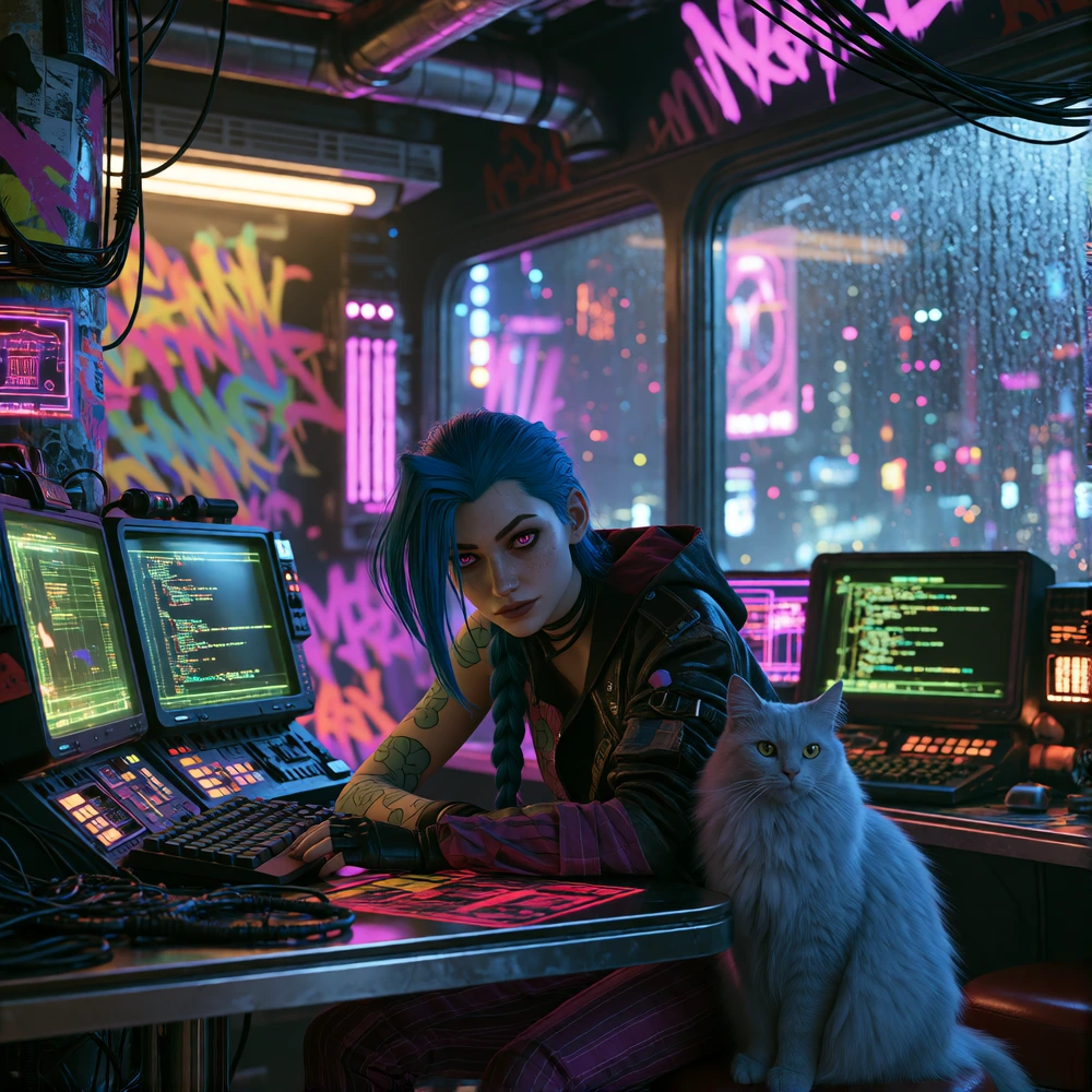 Jinx with wild electric blue and pink hair, manic grin, sitting in a neon-soaked cyberpunk bar, surrounded by holographic displays and pulsing LED strips, soft glow of cyan and magenta lighting, her muscular tattooed arms relaxed on a sleek chrome ta
