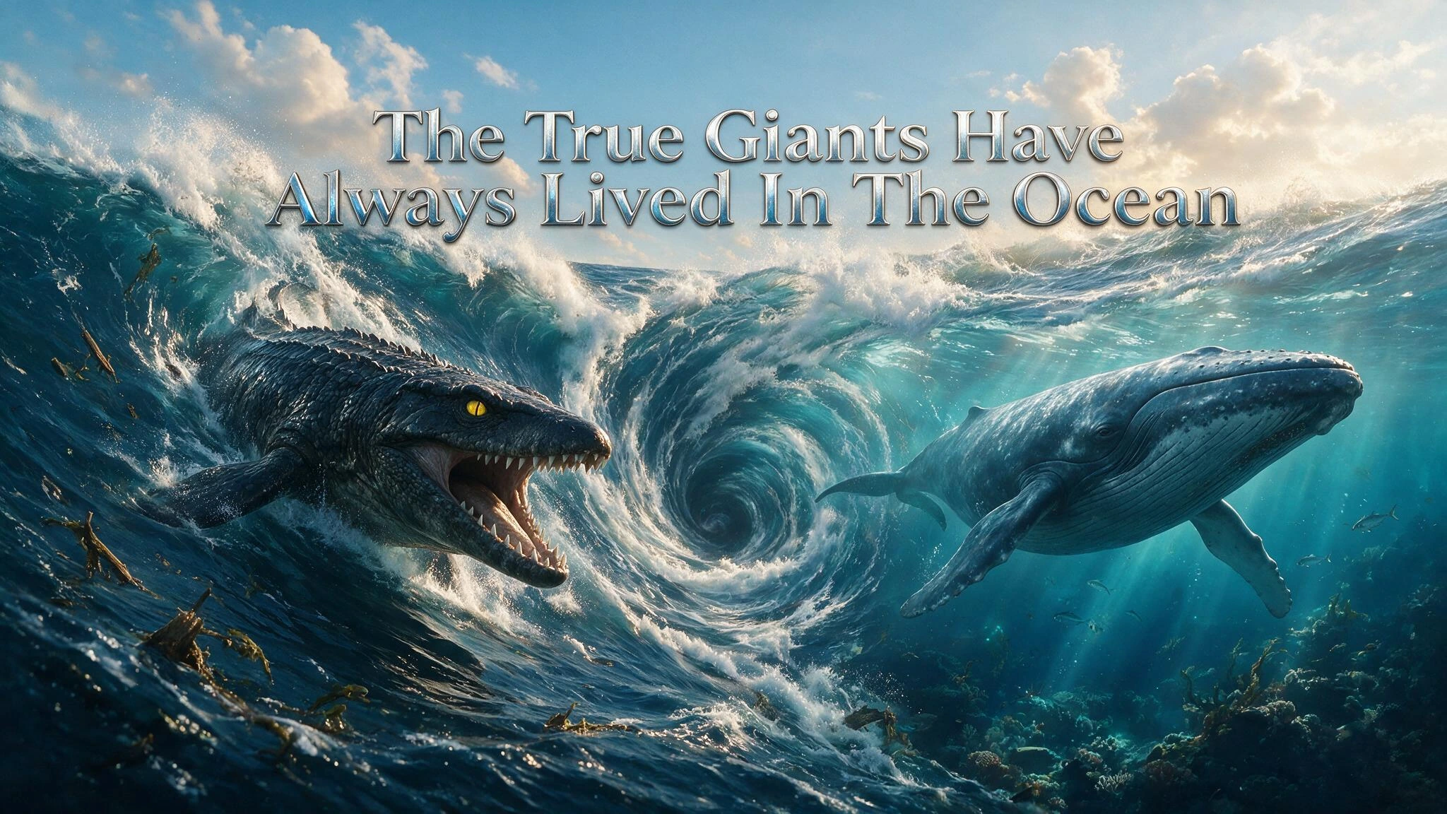 Ocean Giants; A wave vortex rips through the screen. The screen is an ocean half is filled by the prehistoric mosasaur sharp teeth showing, the other side of the swirling vortex the Mighty blue whale. Title "The True Giants Have Always Lived In The O