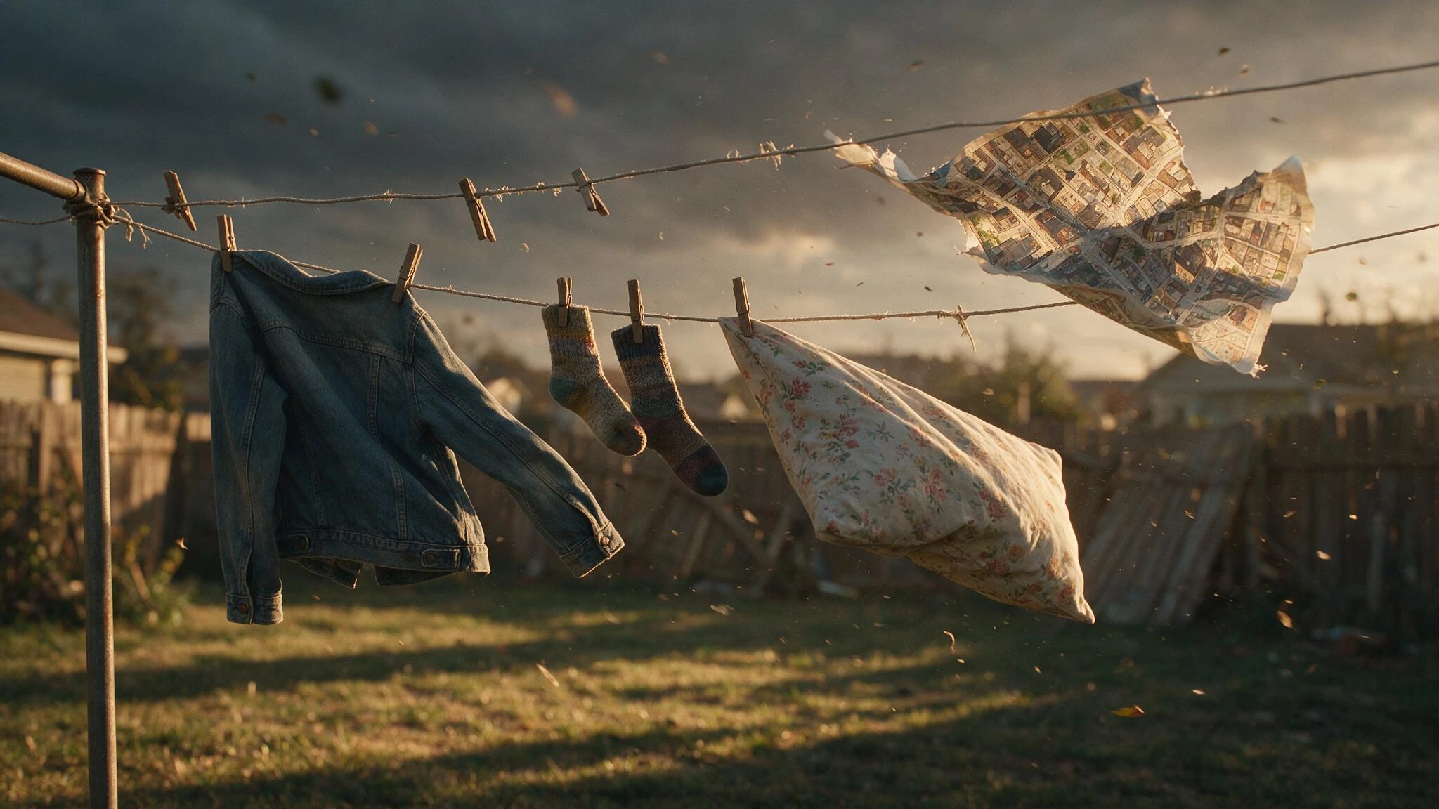 Capture a sun-bleached backyard clothesline caught mid-gust, its wooden pegs clamped uselessly onto empty air where a garment just ripped free. But instead of a sheet or shirt, show a paper-thin, life-sized map of a city street tearing loose from the