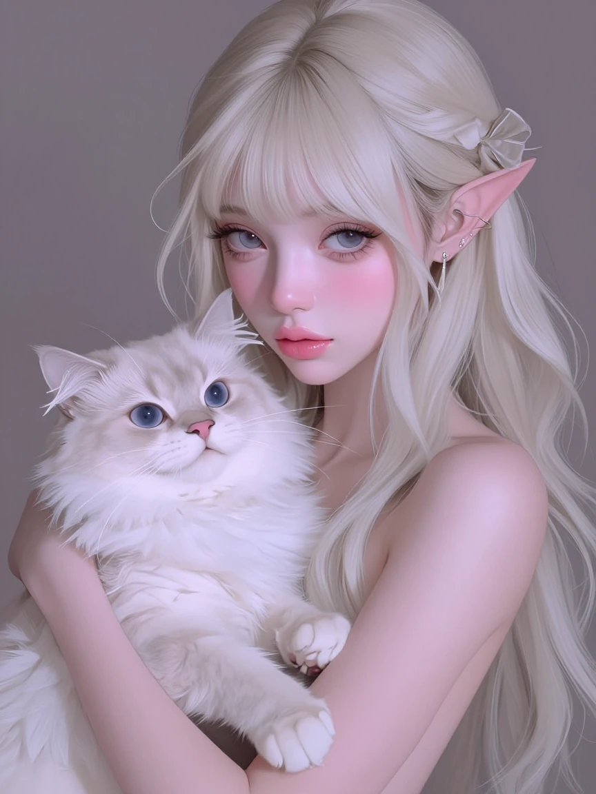 Surreal Dreamcore style. Pastel goth woman and her fluffy cat, ball jointed doll face
