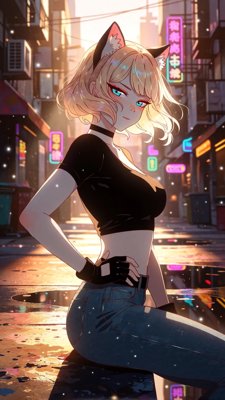 blonde anime woman with sharp blue eyes, black crop top hugging her frame, blue jeans sitting low, black fingerless gloves and choker, standing in an urban canyon at golden hour with dramatic side-lighting that catches her silhouette. confident, almo