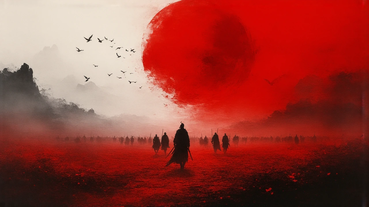 Dark cinematic painterly keyframe, 16:9, composed as FOUR EQUAL PANELS divided by thin black videowall seams but the four panels together form ONE single continuous image, figures and landscape crossing the panel borders seamlessly, like watching mul