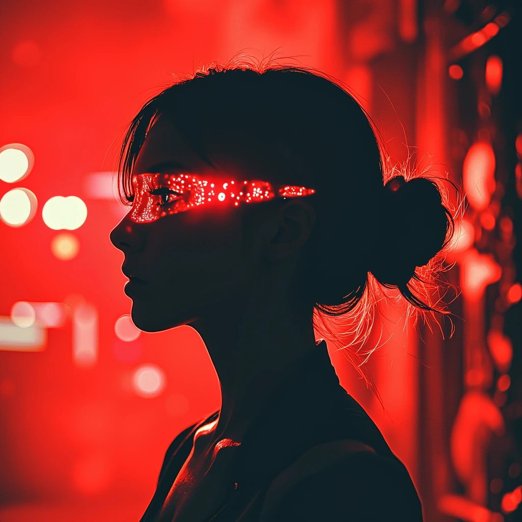 Create an image of a woman, rendered in dramatic chiaroscuro against a vibrant red backdrop. The woman is primarily silhouetted in deep black, with only her eyes and the area immediately surrounding them illuminated by a thin band of warm, reddish li