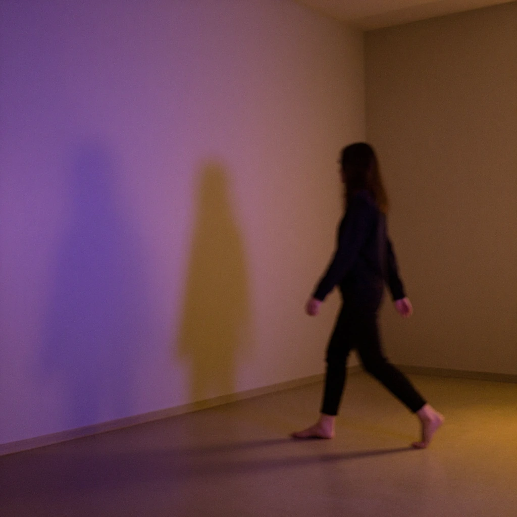 a figure in a quiet interior, soft directional light creating gentle shadows and depth, the composition naturally guides your eye through the space without forcing it, purple and gold ambient tones, calm uncanny mood, film grain, shallow depth of fie