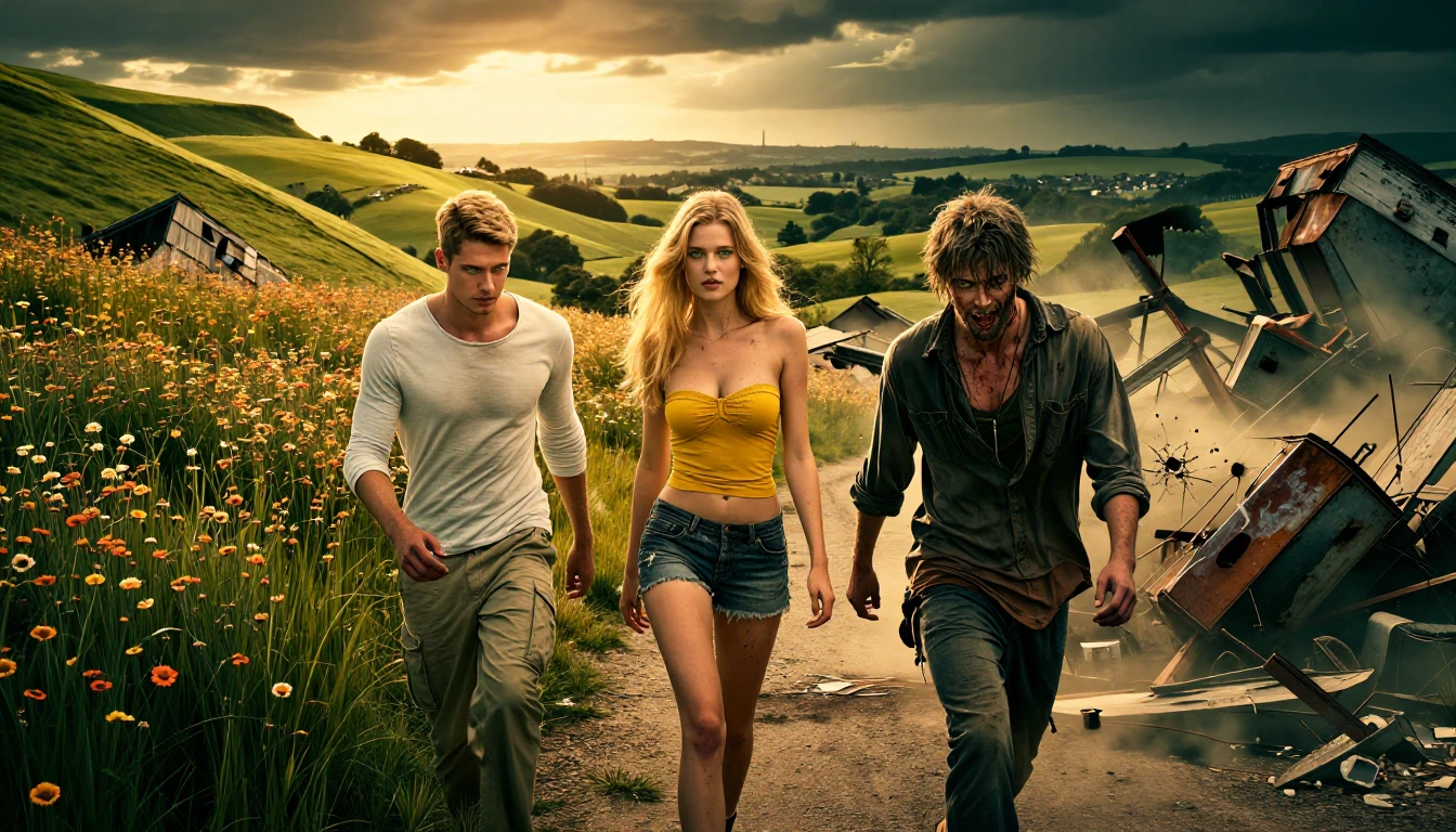 A clean shaven young blonde man with cropped short hair, blue eyes, and a casual long-sleeved white top paired with stone combat trousers walks hand-in-hand with a tall dirty-blonde supermodel wearing denim 3/4 length shorts and a bright yellow strap