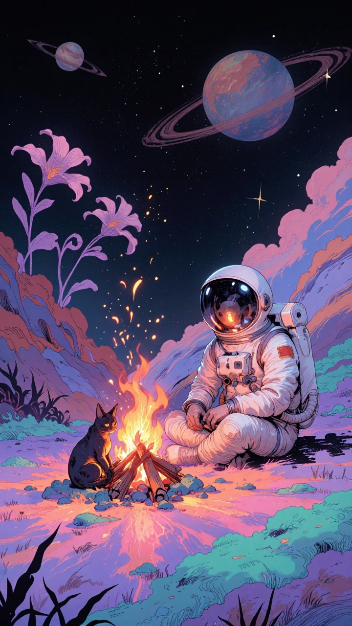 An astronaut sitting beside their first campfire on a newly discovered alien world, with a sleek curious cat curled near the glowing flames inside a transparent space helmet bubble. The landscape is dreamlike and artistic, colorful pastel terrain wit