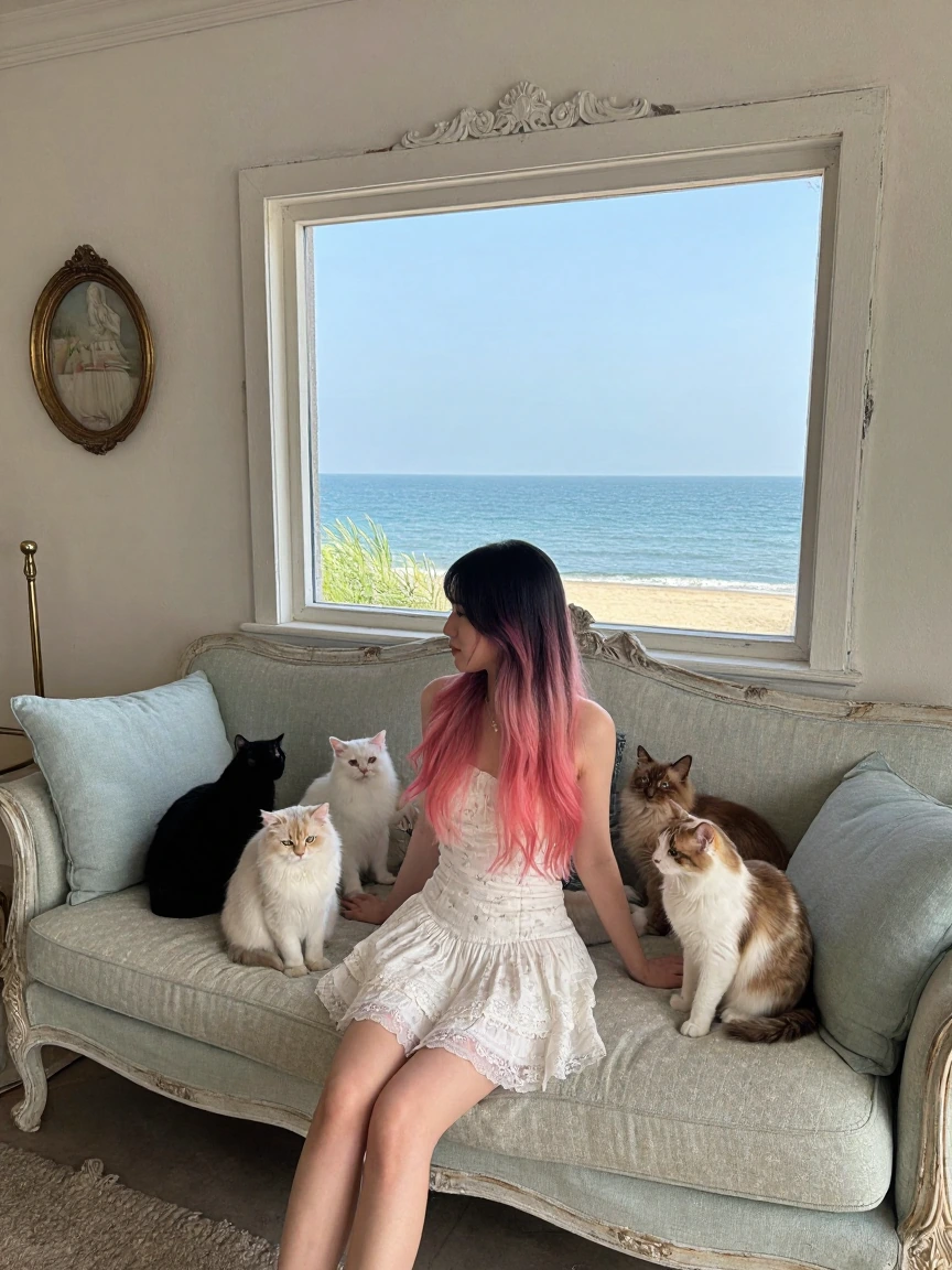 Woman, black pink ombre hair, with a bunch of cats sitting on a fancy couch, shabby chic decor, oceancore, ocean view