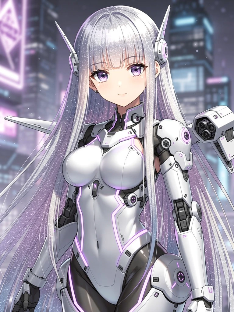 Beautiful woman, long straight, sparkling silver and lavender ombre hair with a mecha musume style
