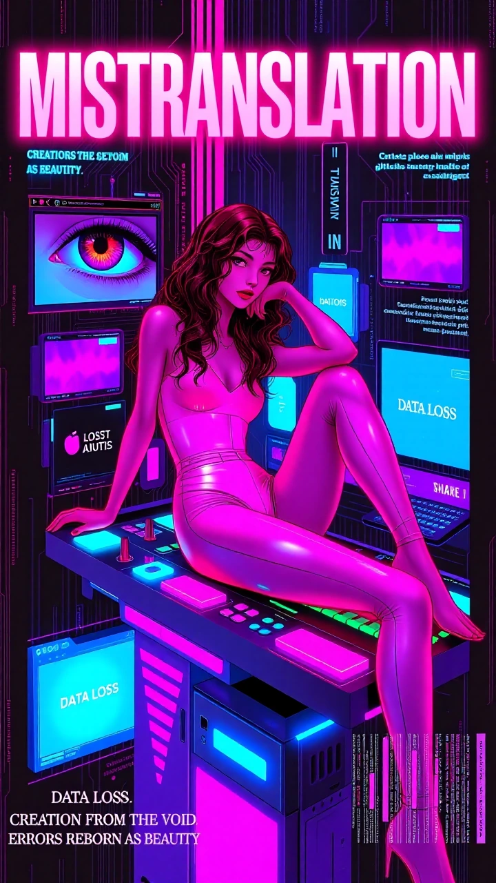 The central focus is a beautiful woman with wavy brown hair and light eyes, wearing a pink neon outfit, reclining across a glowing, futuristic console with her legs extended. The composition is layered with distorted elements, error messages, and mul