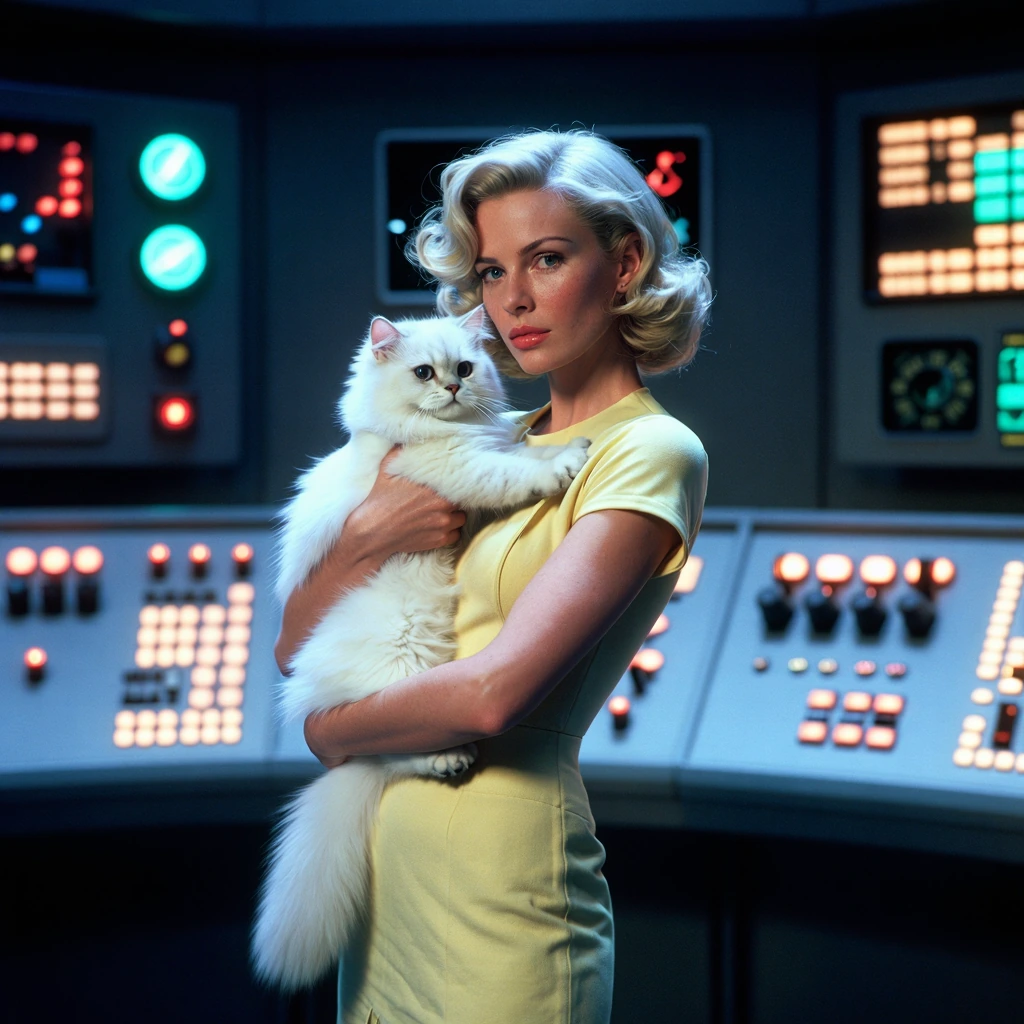 A composed woman in a fitted chartreuse dress holds her fluffy white cat while standing before a massive control panel with illuminated buttons and dials in jewel tones, cinematic 1950s sci-fi lighting