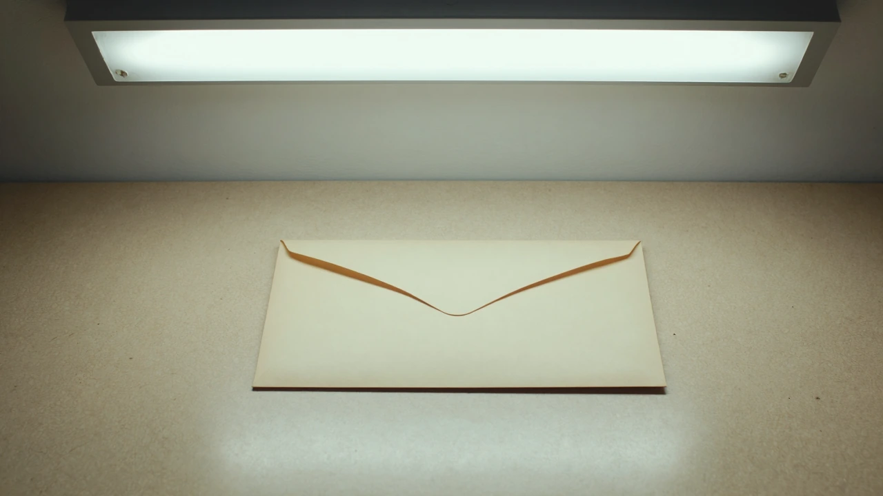 Flat-lay photograph of a single manila envelope on a beige formica desk under overhead fluorescent light—pale, unfastened, slightly creased, shot dead-level with a 50mm lens. Tabletop shows age rings and minor scuffs. Plain off-white wall behind. Mut