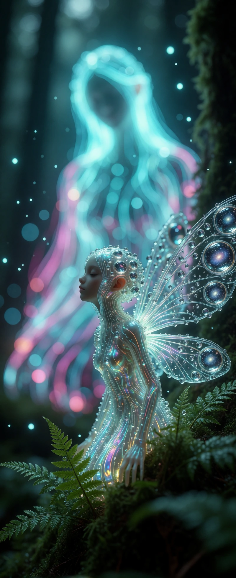 An extreme macro photograph of a bioluminescent woodland sprite emerging from a dew-soaked fern. Her body is made entirely of refractive, liquid-glass